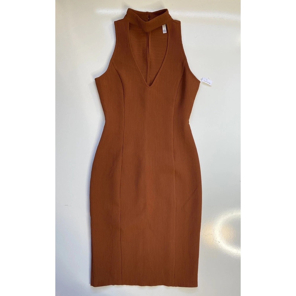 Leith Bodycon Dress Brown Ribbed Choker Collar / Womens Small
